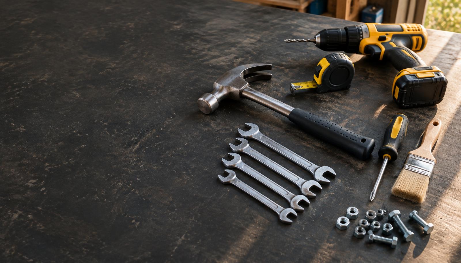 Hardware tools on a workbench